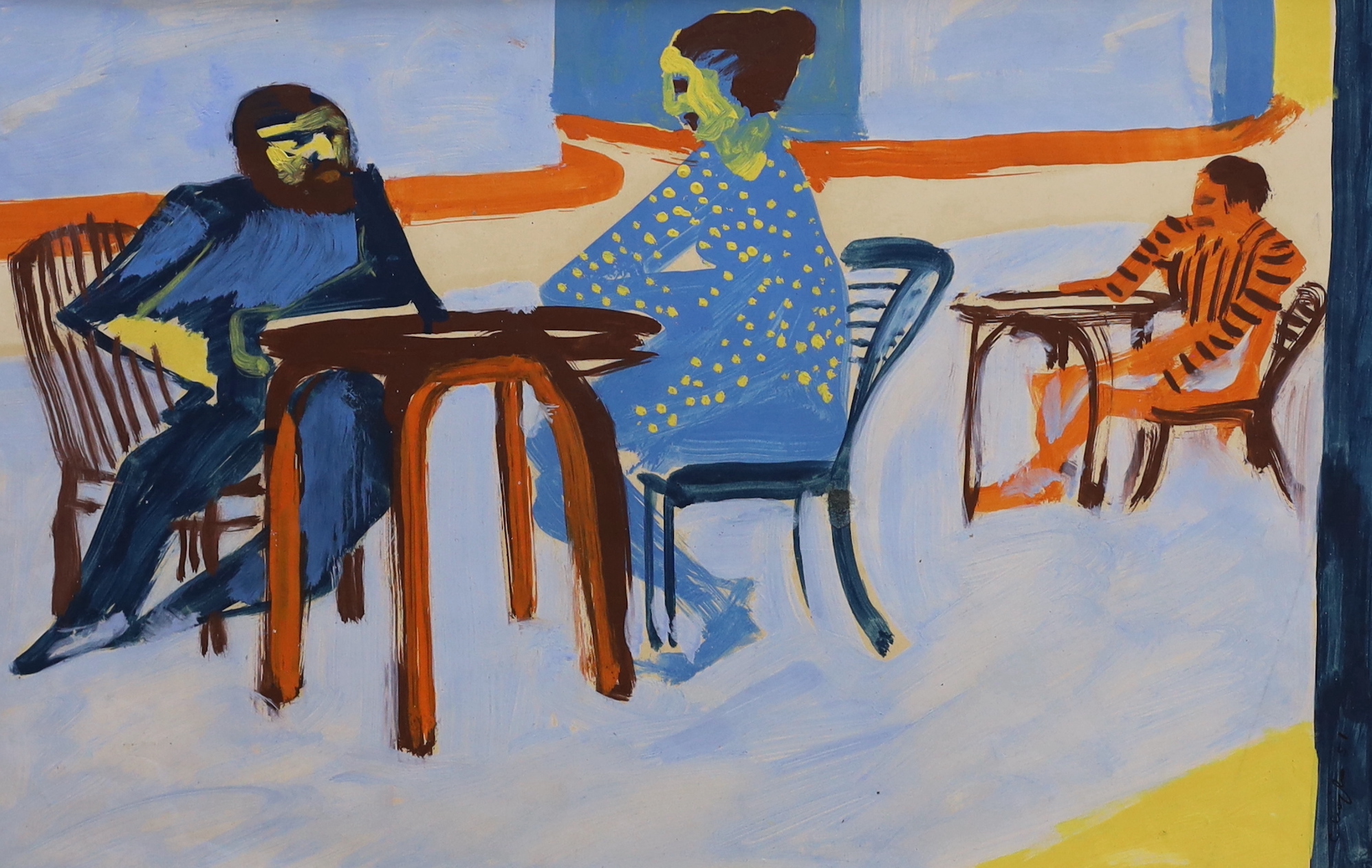 Modern British, mixed media on card, Figures seated at tables, indistinctly signed and dated '51, 33 x 52cm